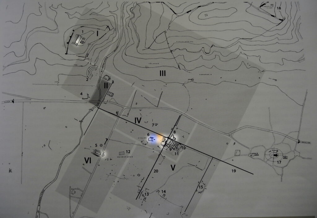 Archaeological map of Gortys: the bright areas are recent excavations with 8th century material; blue spot is the Pythion, orange spot the Byzantine Quarter.