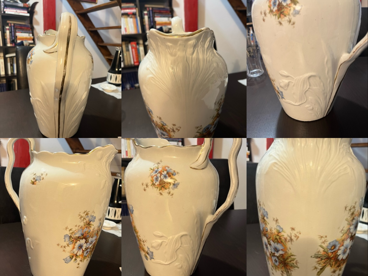 collage di 6 foto di una brocca in ceramica bianca con decorazioni floreali 